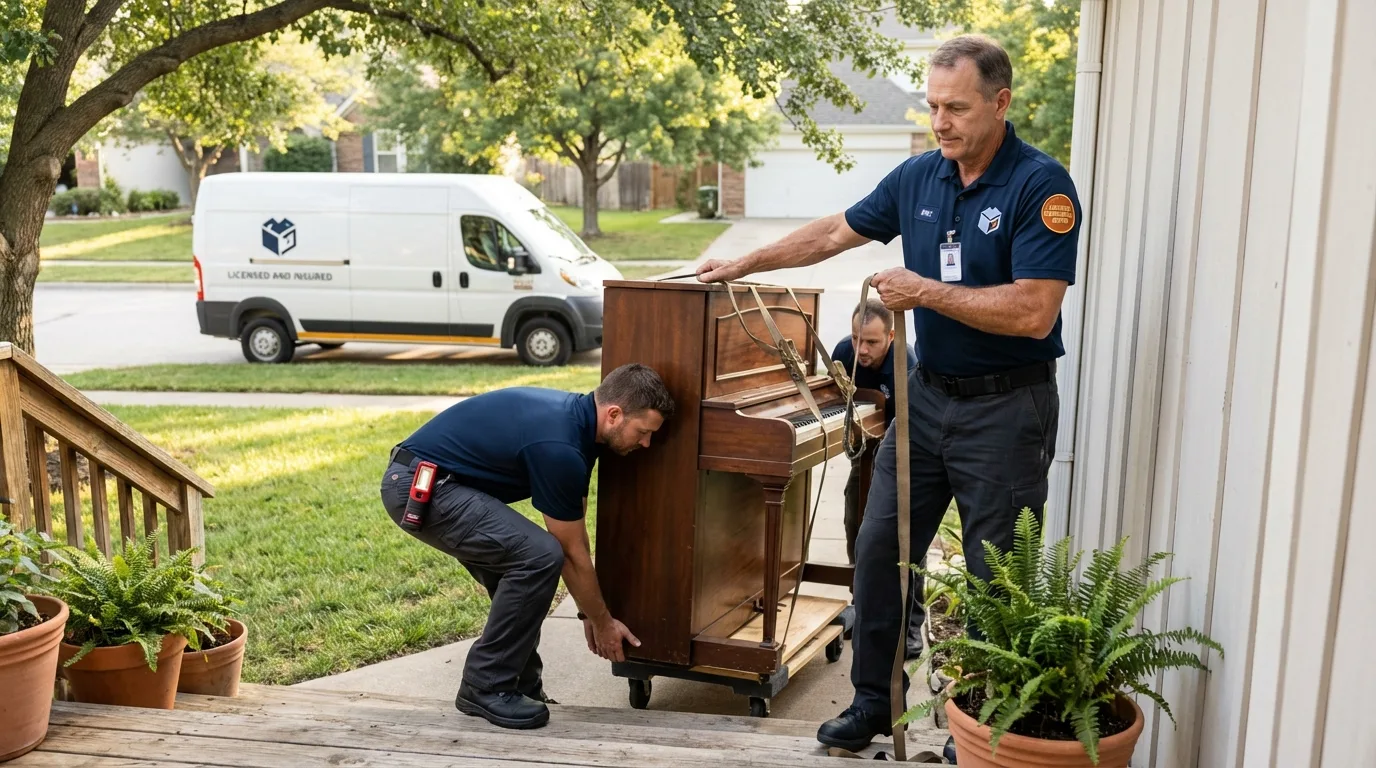 Licensed piano movers securing grand piano in Ogdensburg, NY