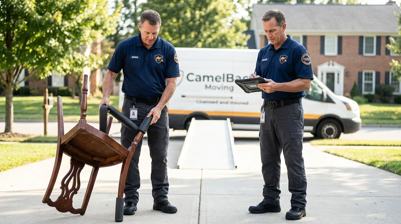 Movers inspecting furniture for damage prevention before loading in Ogdensburg, NY