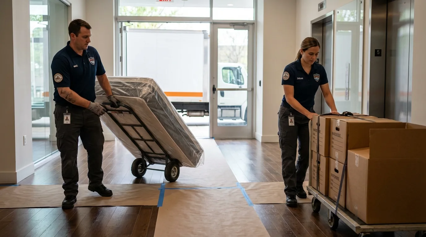 Professional apartment movers loading elevator in Ogdensburg, NY