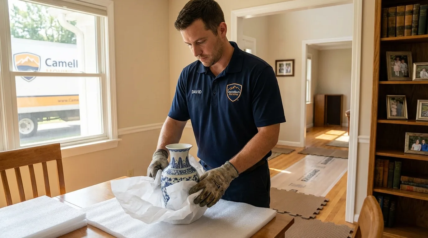 Professional crew carefully wrapping antique vase for senior downsizing move in Ogdensburg, NY
